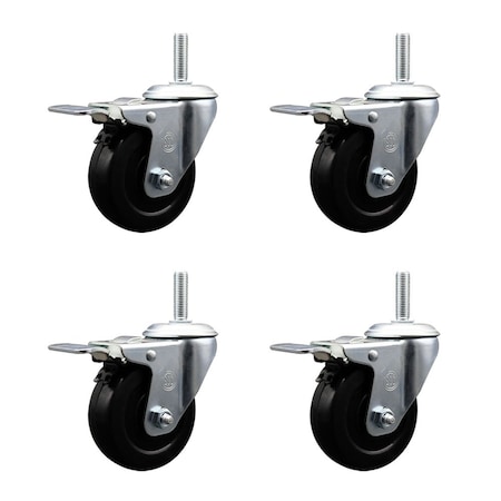 Service Caster 4 Inch Hard Rubber Swivel 58 Inch Threaded Stem Caster Set with Total Lock Brake SCC-TSTTL20S414-HRS-58212-4